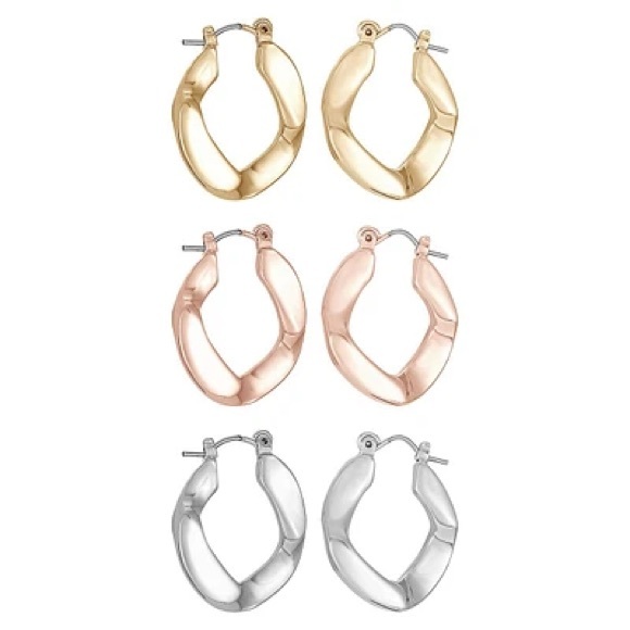 étéreo Jewelry - 3-Pair Tri-Tone Contoured Hoop Earrings